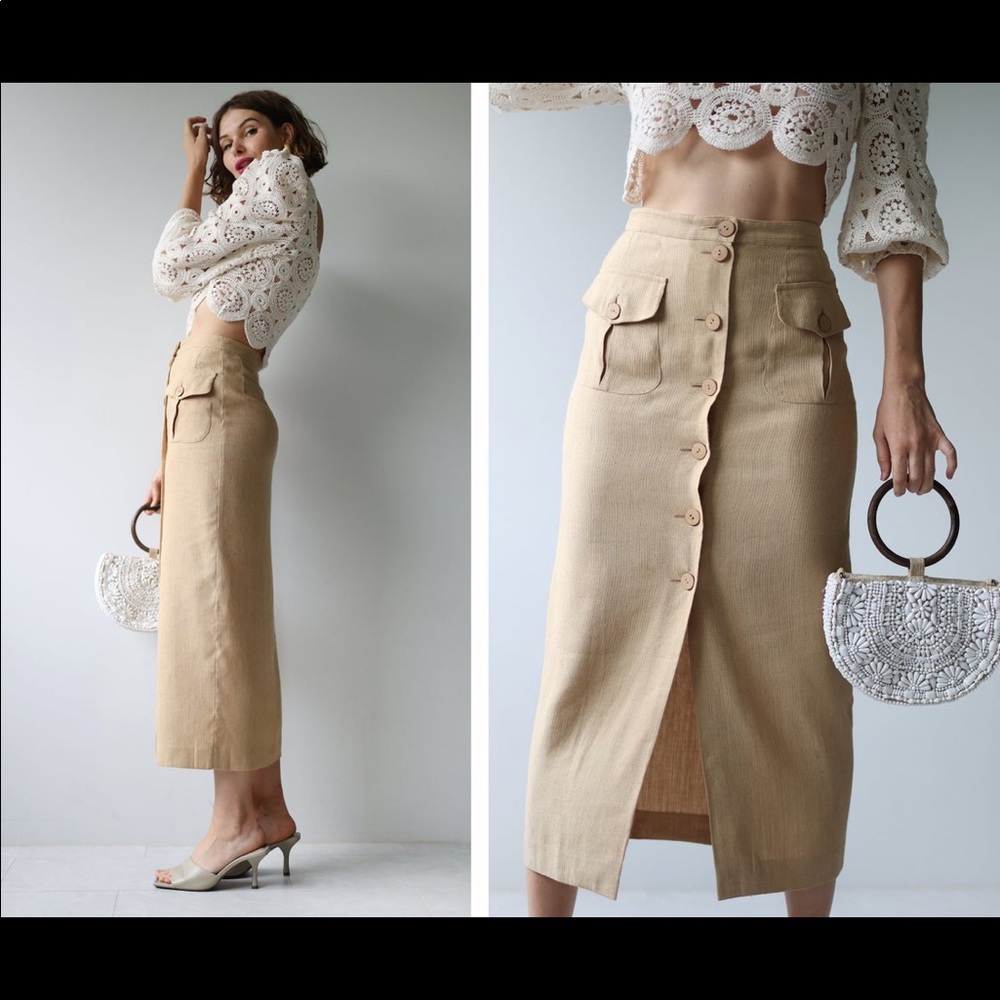 Vintage beige button down ankle length high waist midi maxi skirt